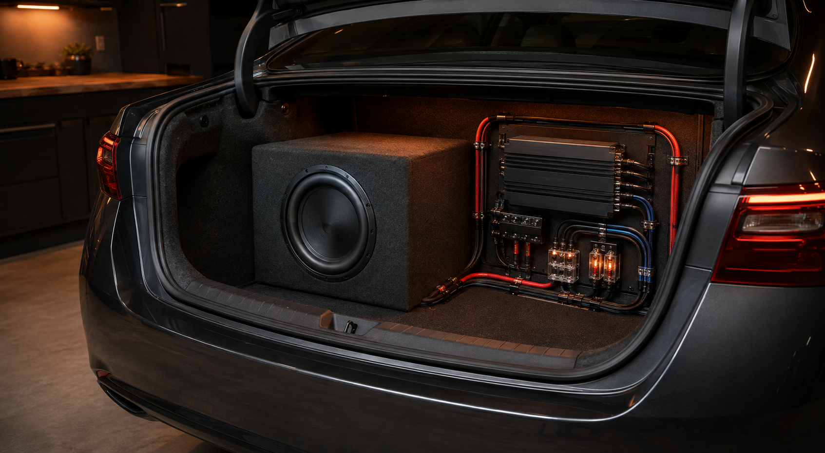 Clean DIY car audio trunk installation with a subwoofer enclosure and secured amplifier wiring